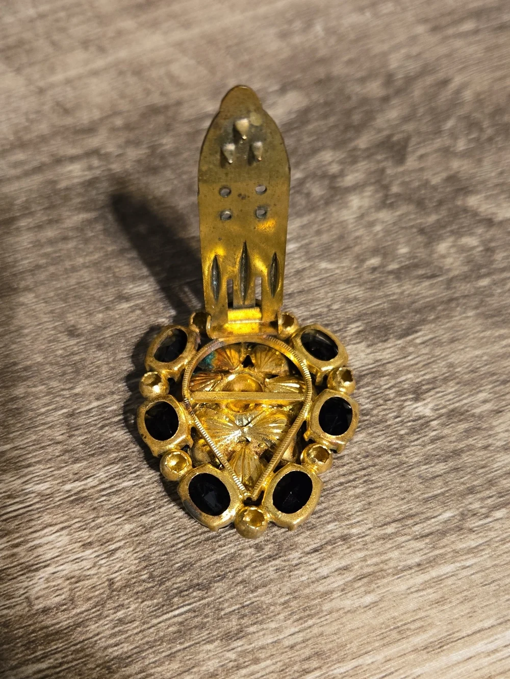 Vintage Mid-Century Brass & Jet Black Rhinestone Dress Clip 1.75